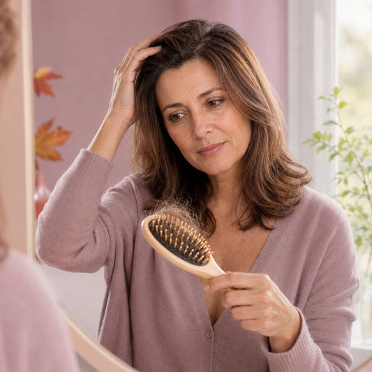 Femme qui brosse ses cheveux, illustrant la chute saisonnière normale