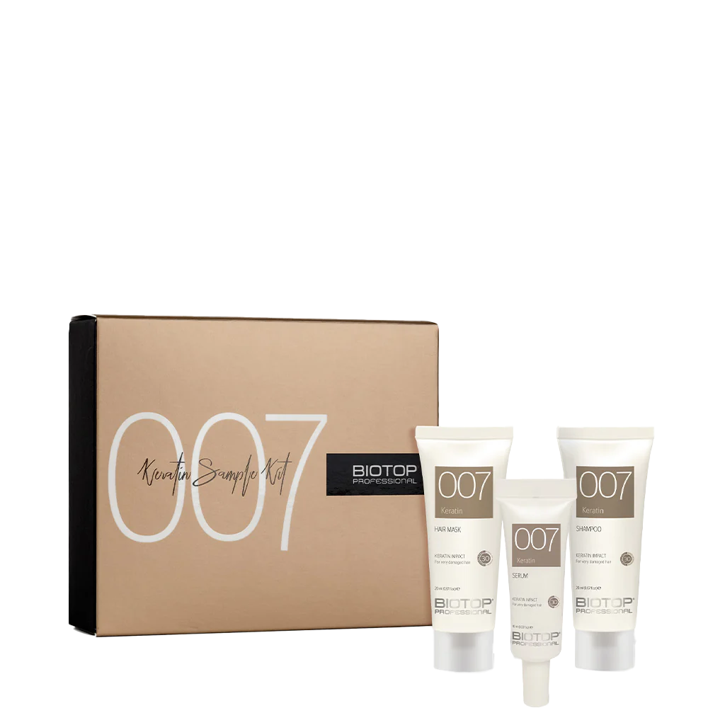 Ensemble 007 Keratin & Kale – coffret beige avec trois tubes de soins.