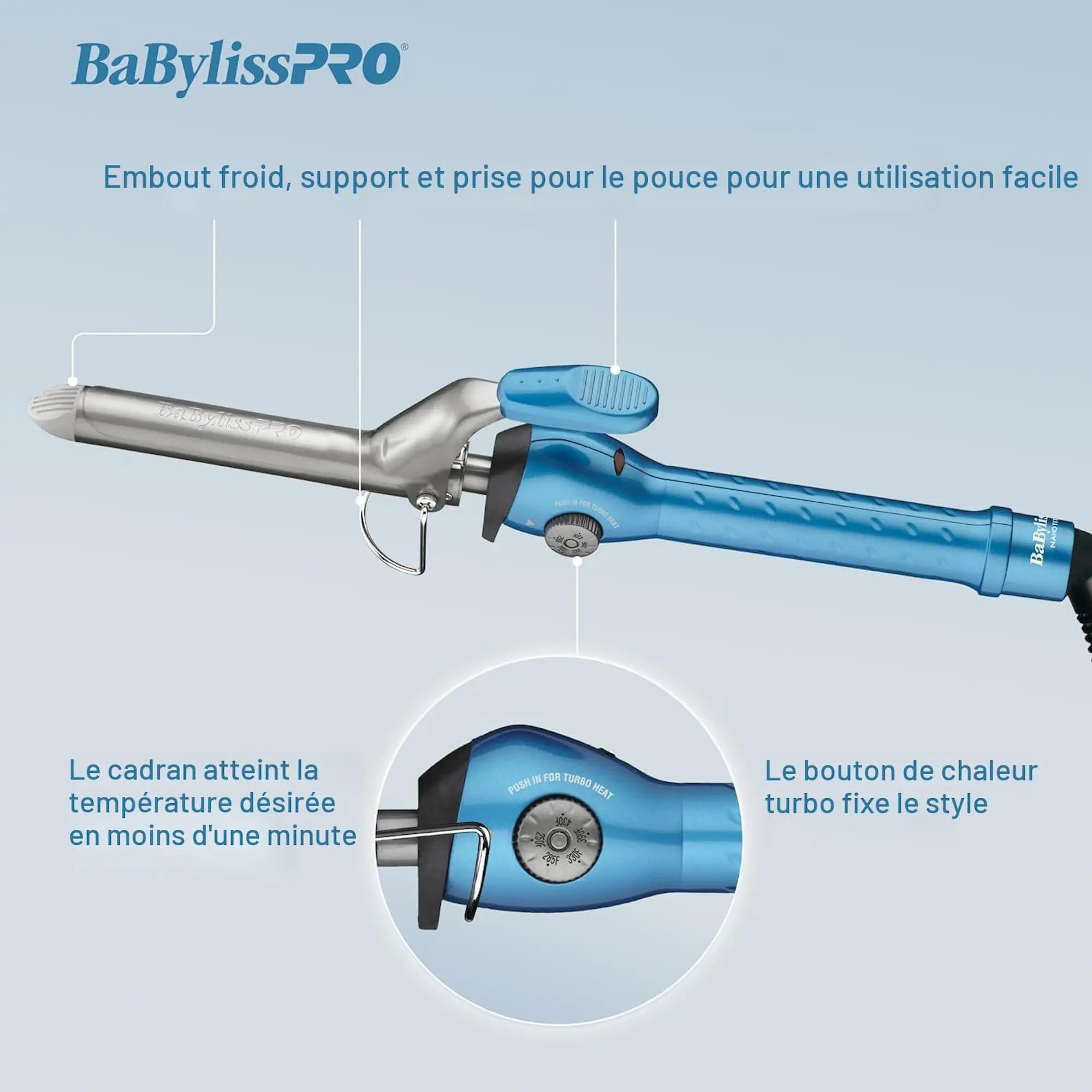 Fer à friser à ressort BaBylissPRO Nano Titanium bleu de 1 1/2pouce  atteignant une température de 450°F (221°C).