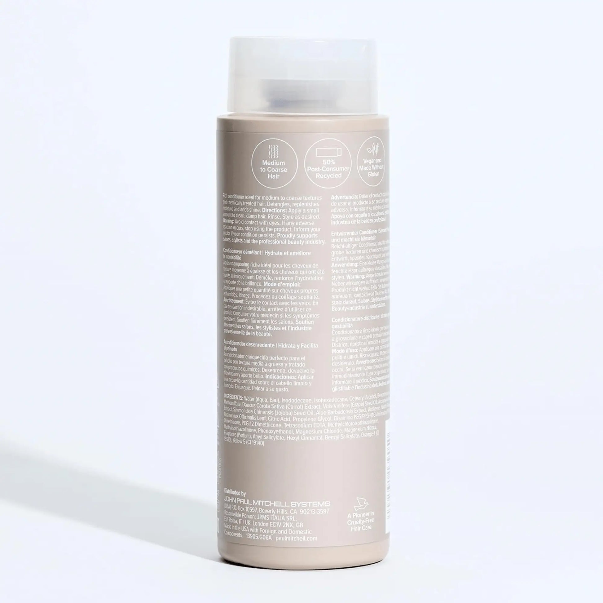 Ingredients du produit Paul Mitchell The Detangler : couleur beige clair avec étiquette bleue, pour hydrater, démêler et faciliter la gestion des cheveux moyens à épais.
