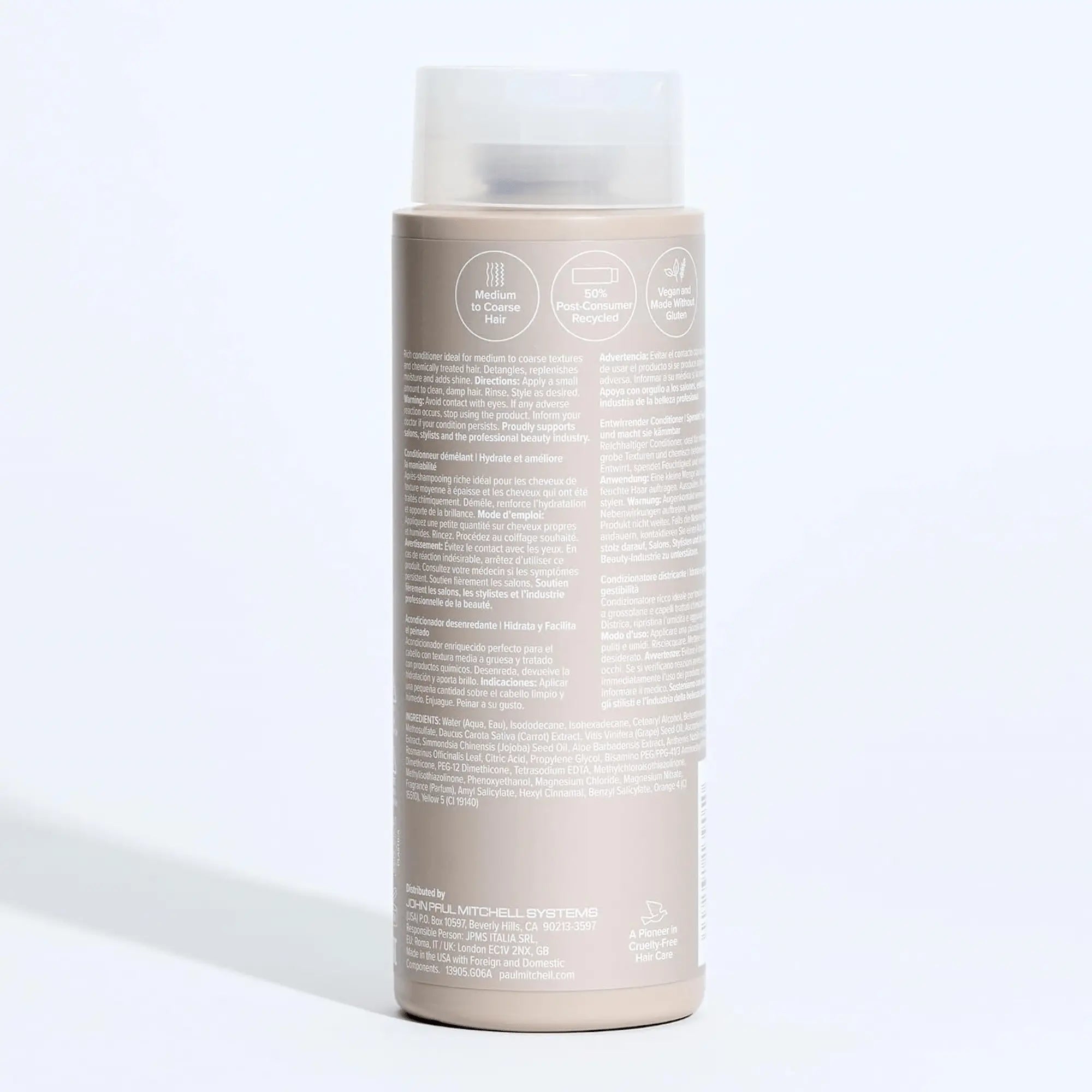 Ingredients du produit Paul Mitchell The Detangler : couleur beige clair avec étiquette bleue, pour hydrater, démêler et faciliter la gestion des cheveux moyens à épais.