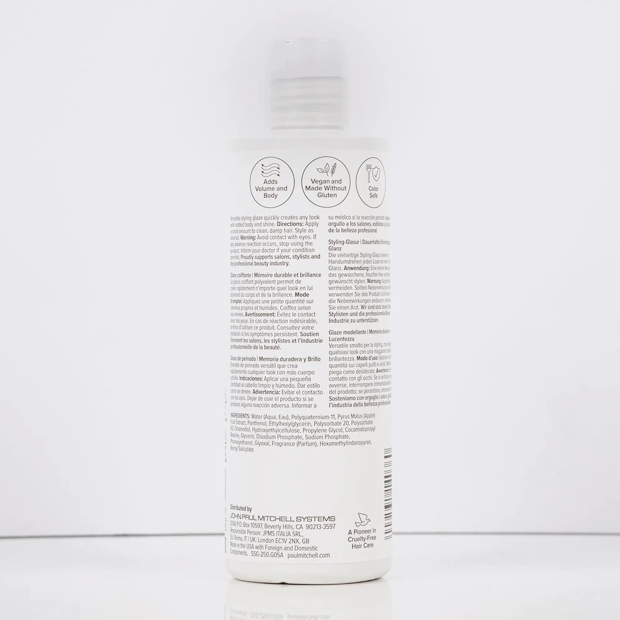 Bouteille blanche de glaçage coiffant Paul Mitchell Super Sculpt :250 ml tenue flexible, pour une mémoire durable, du corps et de la brillance, avec une étiquette rouge."