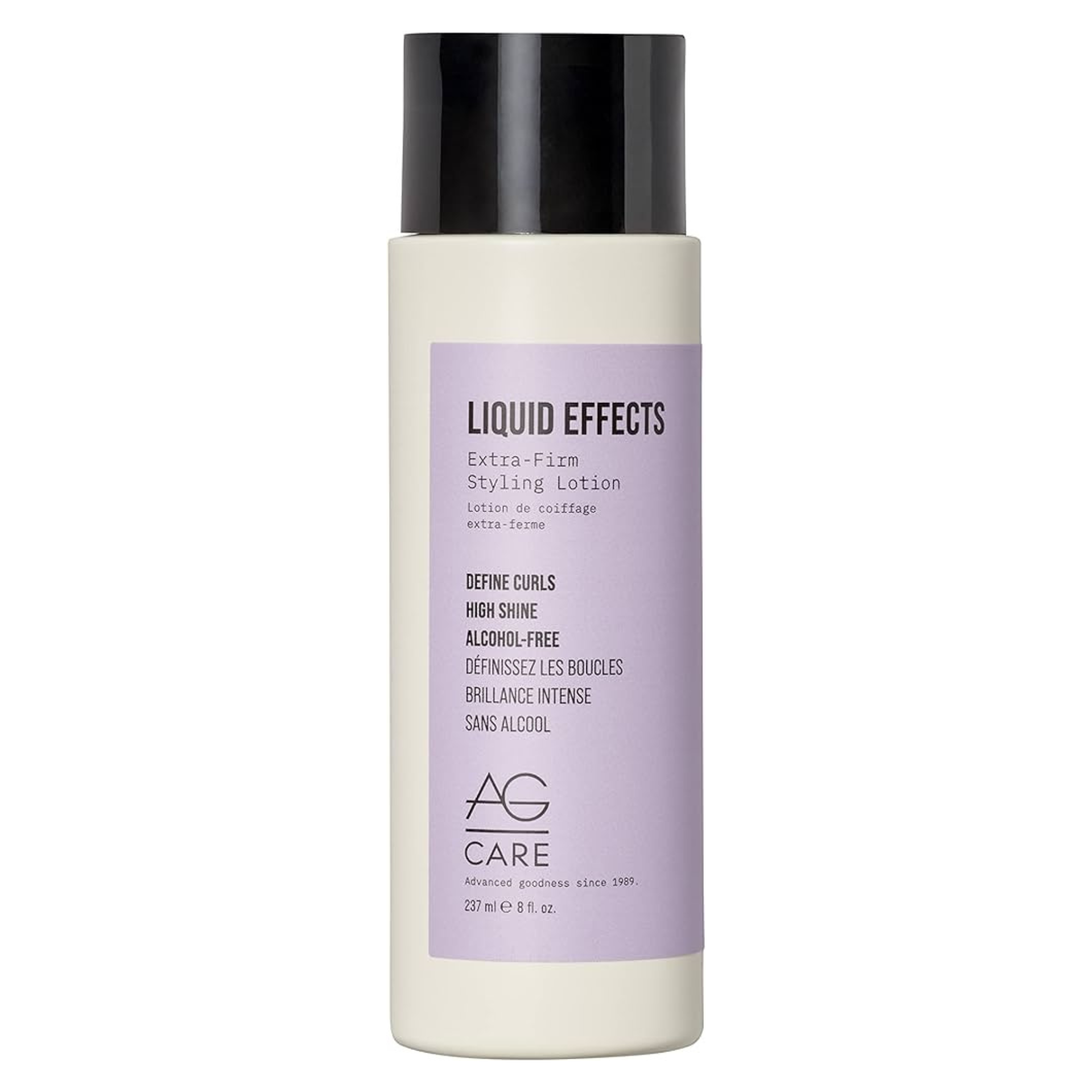Flacon blanc AG Care Liquid Effects avec bouchon noir et étiquette mauve, lotion coiffante extra-ferme pour définir les boucles et apporter une brillance intense.