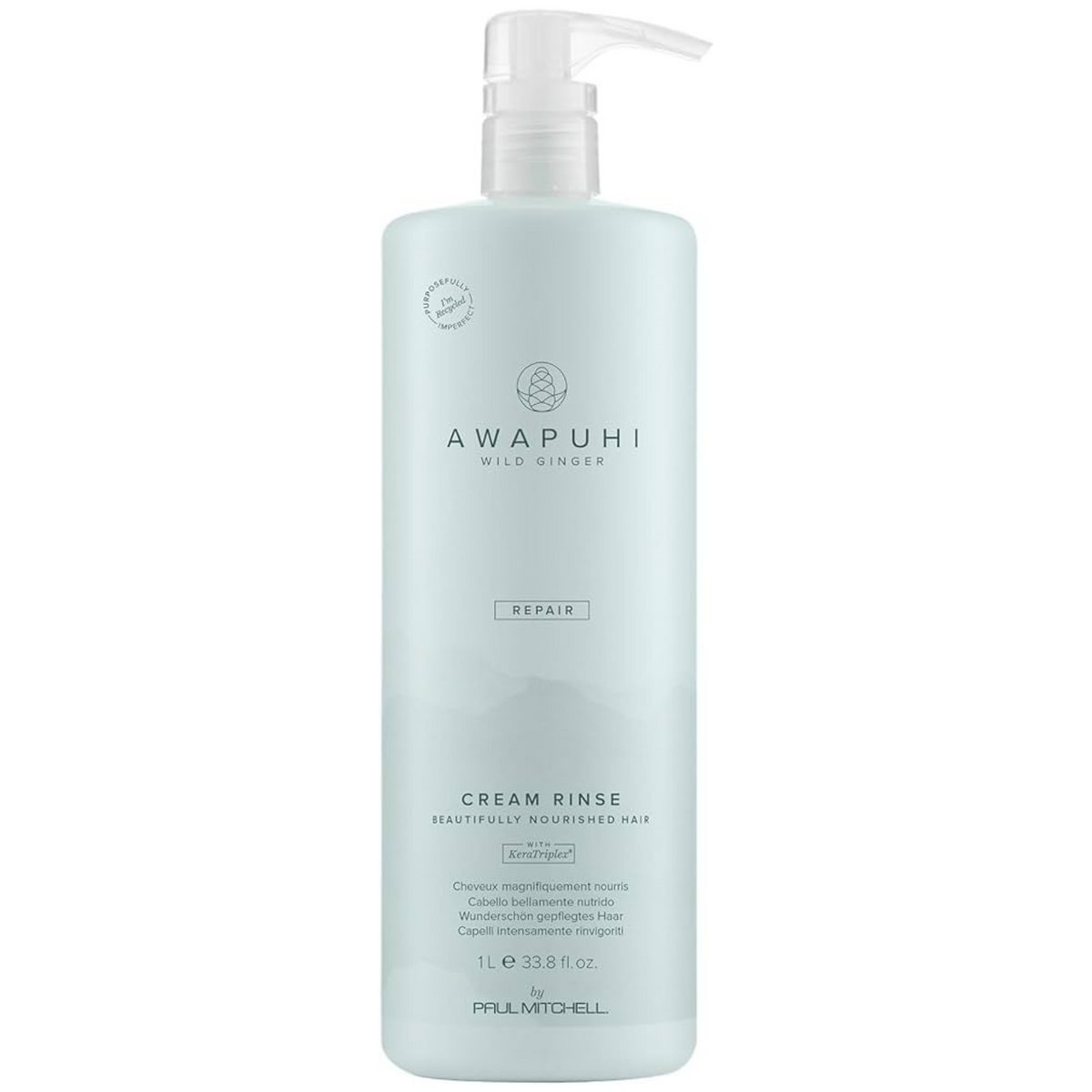 Bouteille bleu pâle de Paul Mitchell Awapuhi Wild Ginger Cream Rinse 1L: revitalisant réparateur pour cheveux secs, abîmés et colorés, infusé de KeraTriplex.