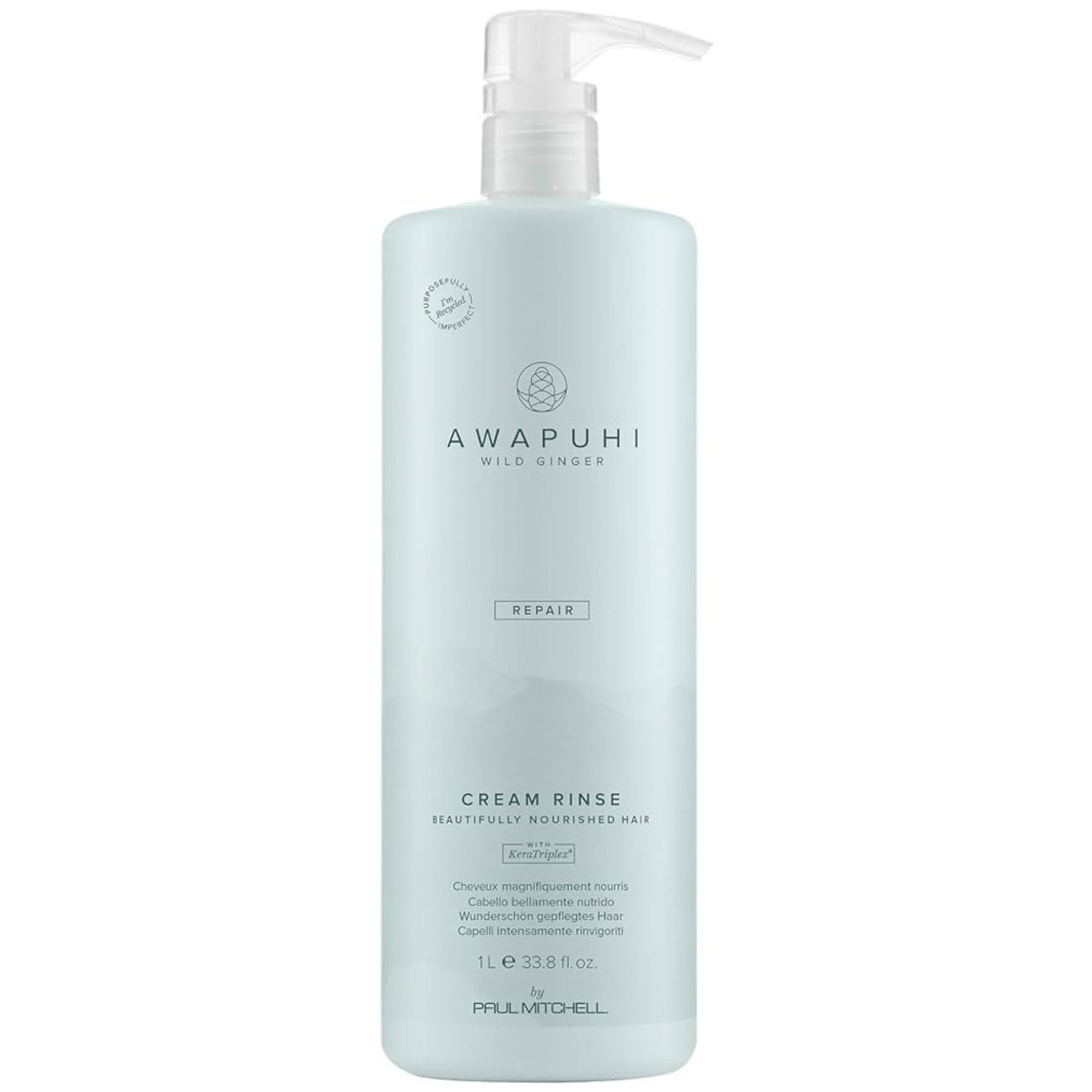 Bouteille bleu pâle de Paul Mitchell Awapuhi Wild Ginger Cream Rinse 1L: revitalisant réparateur pour cheveux secs, abîmés et colorés, infusé de KeraTriplex.