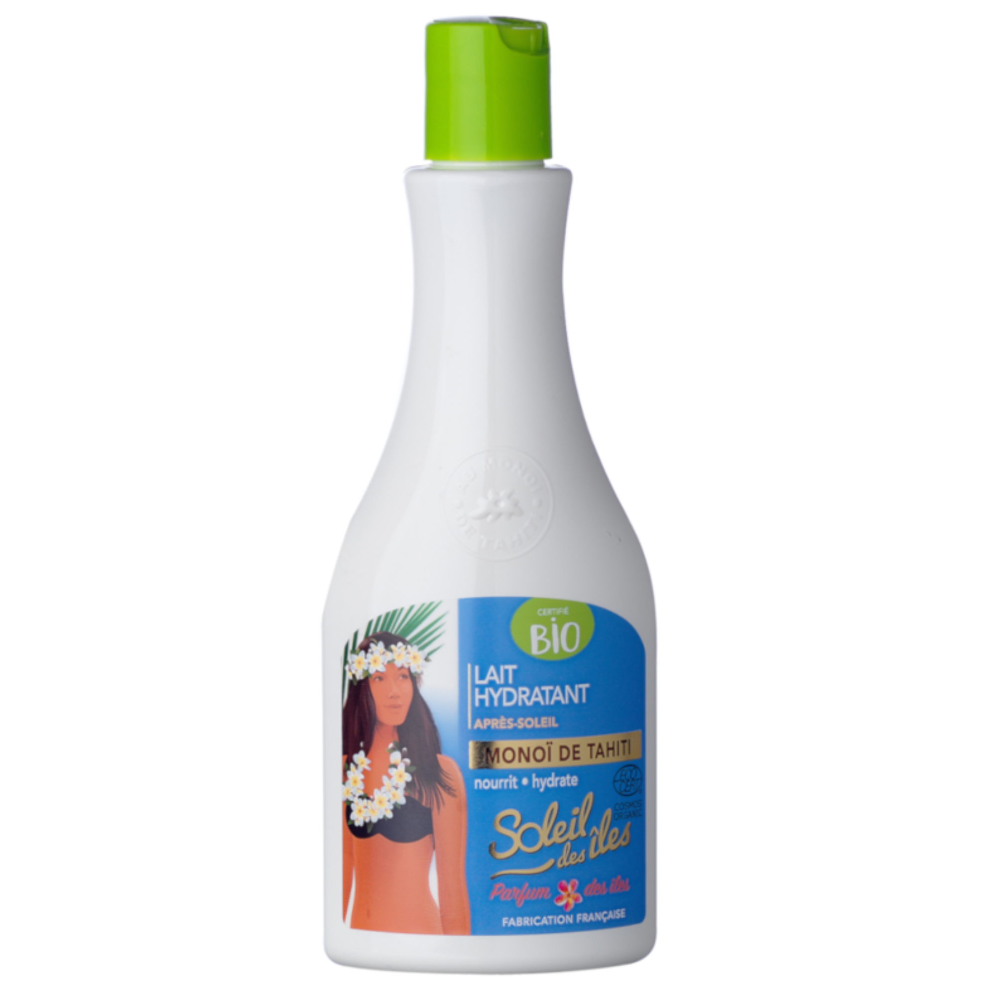 Flacon pompe de lait hydratant après-soleil certifié Bio Soleil des Iles, blanc et vert, pour le soin du corps après l'exposition solaire.