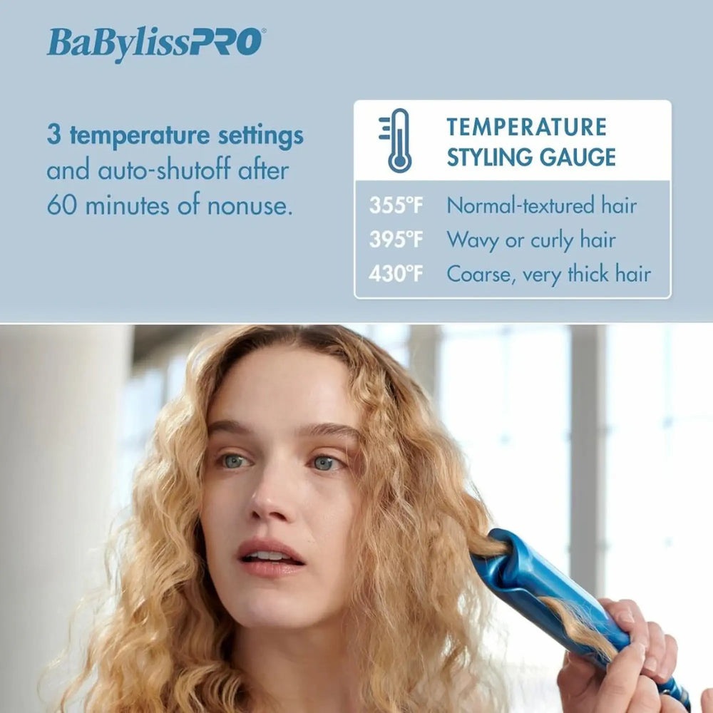 Infographie BaBylissPRO en français montrant les 3 réglages de température du fer à friser Nano Titanium et un guide de coiffage selon le type de cheveux (normaux, ondulés ou épais) avec fonction d'arrêt automatique.
