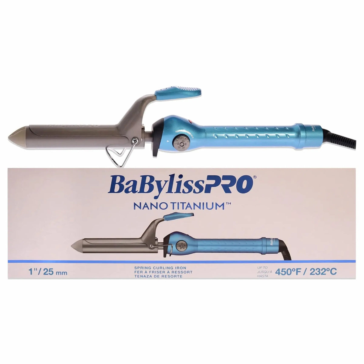 Boîte du Fer à friser à ressort BaBylissPRO Nano Titanium bleu de 1 pouce atteignant une température de 450°F.