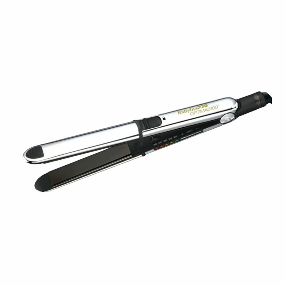Fer à lisser professionnel BaByliss PRO Optima 3100 Stella Nano Titanium, doté d'un boîtier en acier inoxydable argenté et de plaques noires, posé ouvert sur fond blanc.