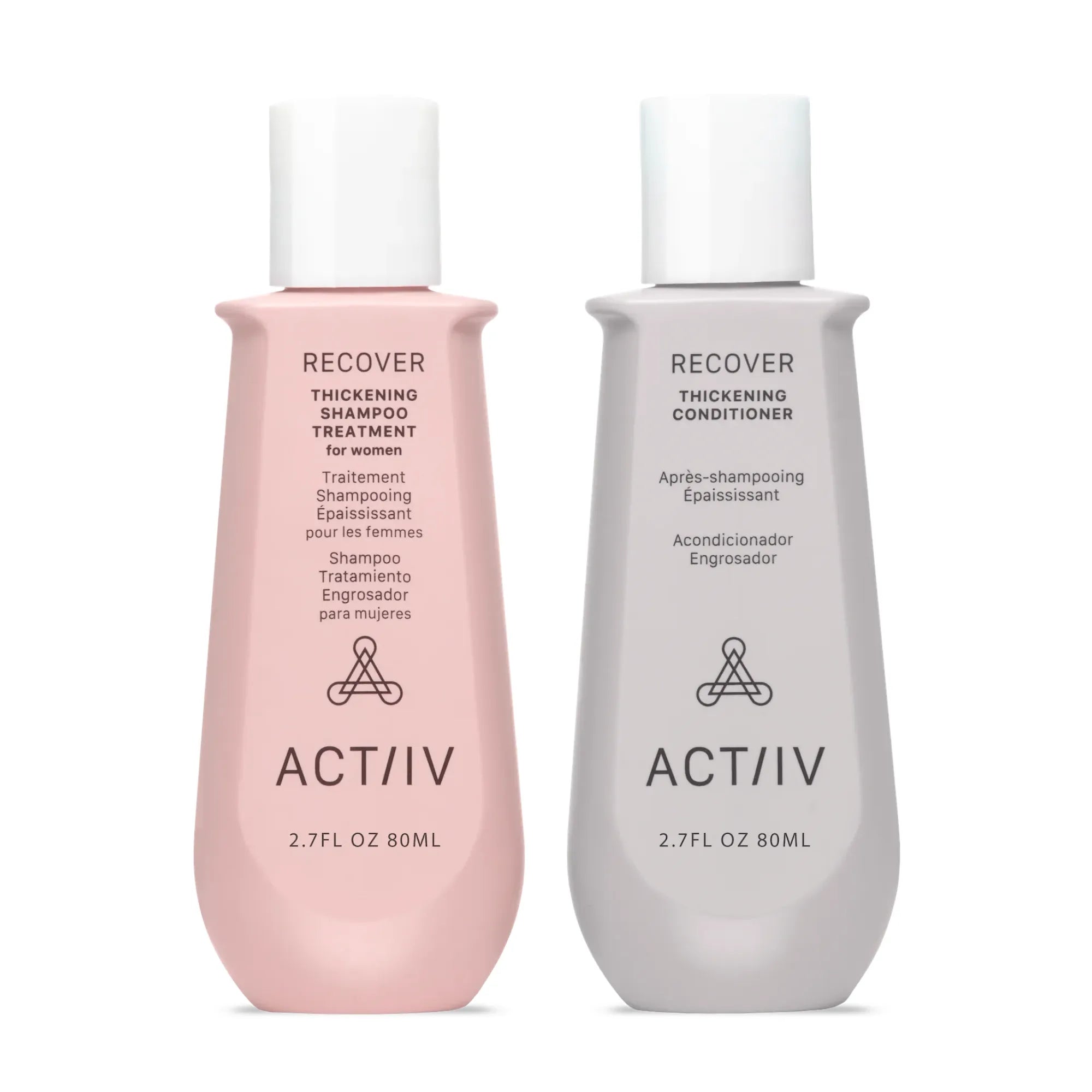Deux bouteilles ACT/IV Recover rose poudré et gris perle, shampooing et revitalisant épaississants