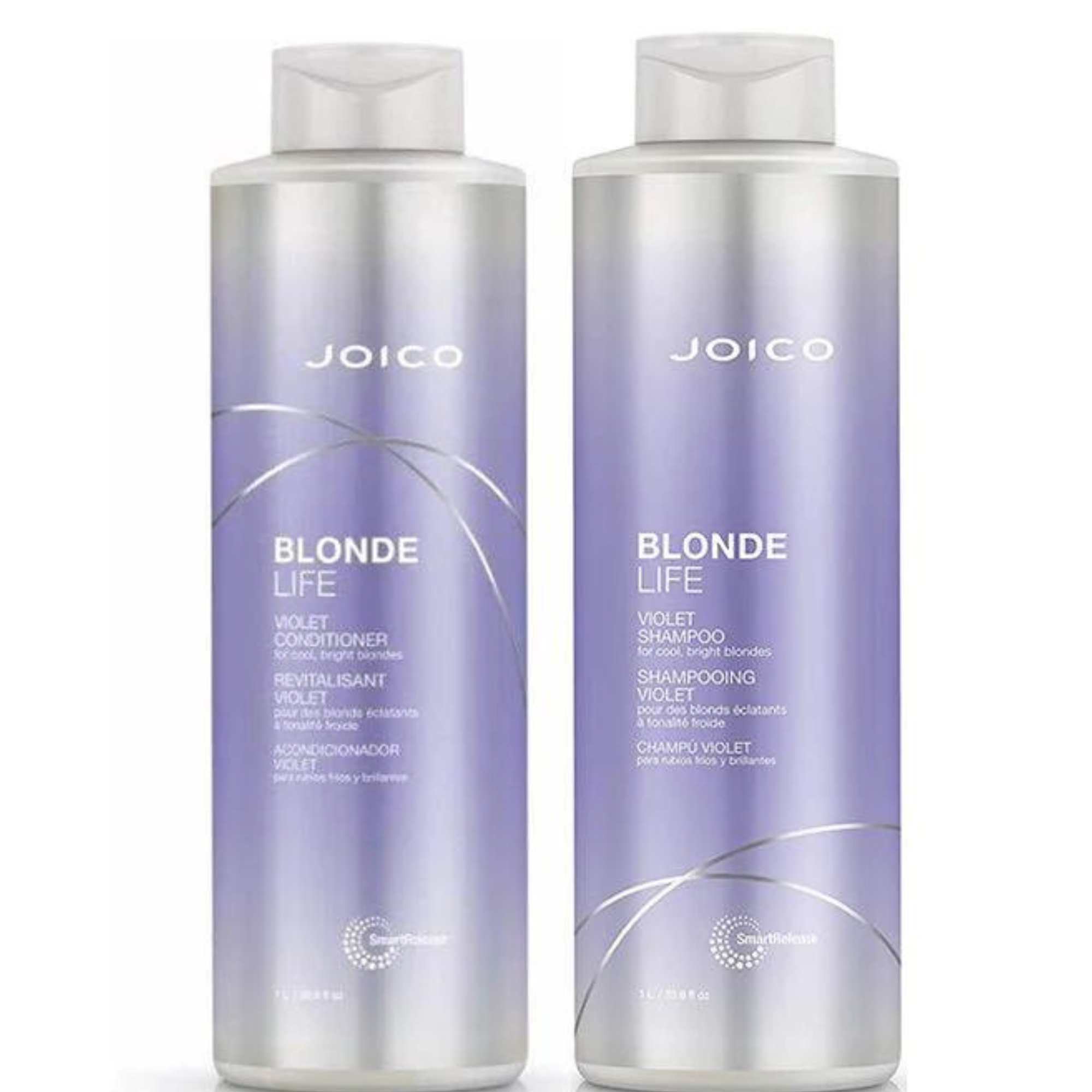 Duo Joico Blonde Life format 1L, Shampooing violet et Revitalisant violet pour des blonds éclatants à tonalité froide.