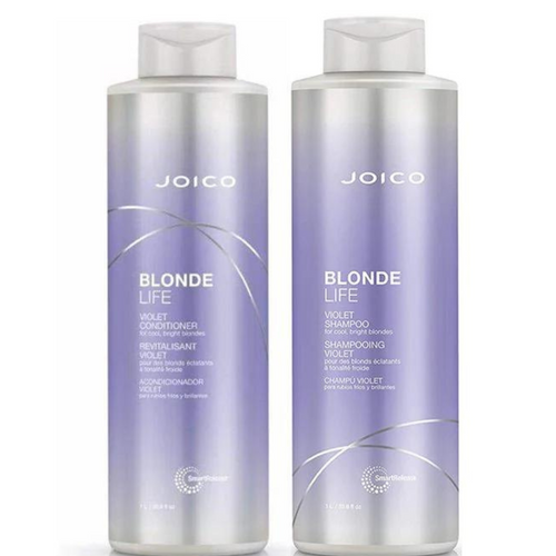 Duo Joico Blonde Life format 1L, Shampooing violet et Revitalisant violet pour des blonds éclatants à tonalité froide.