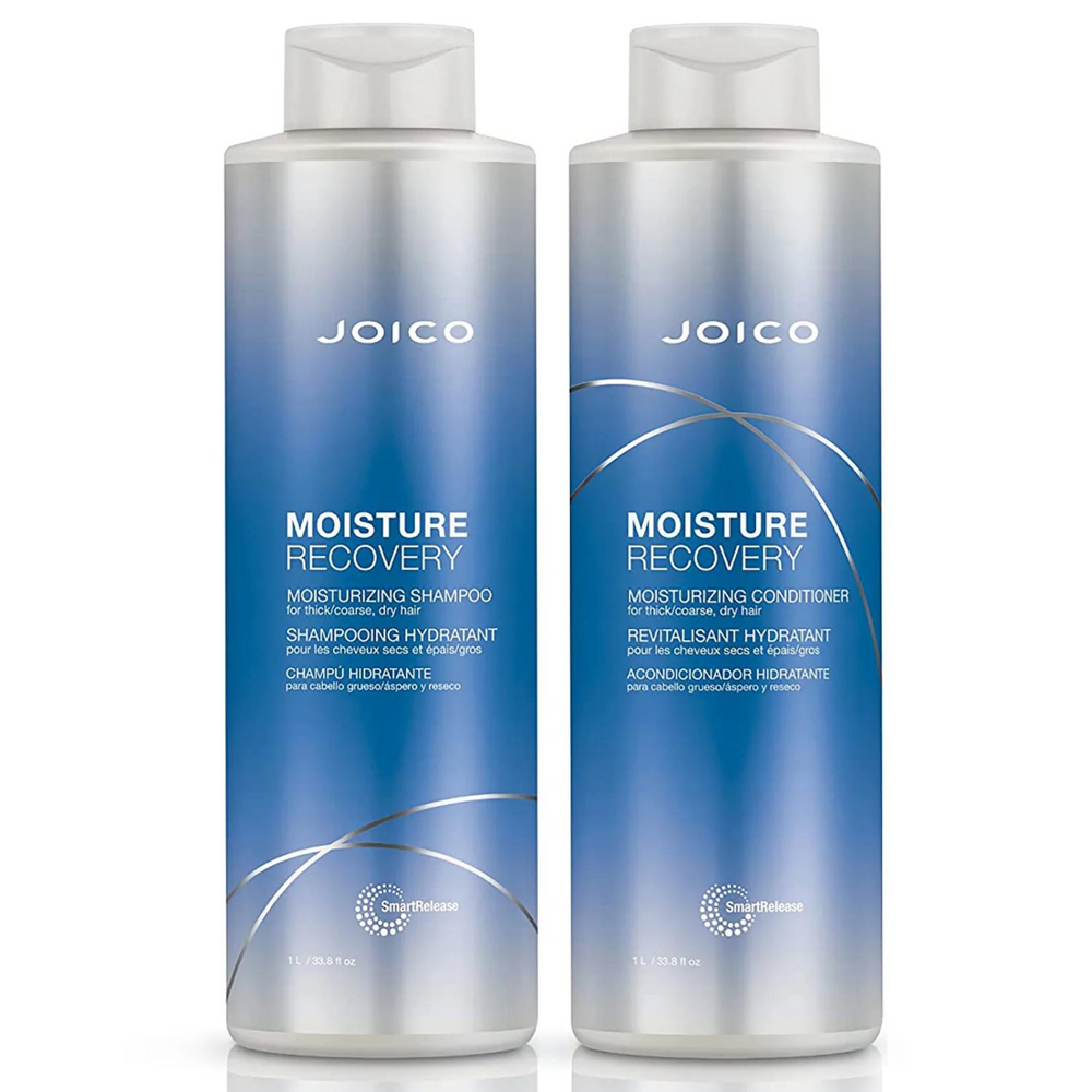 Joico Moisture Recovery Duo, format 1L, shampooing et revitalisant hydratant pour les cheveux secs et épais/gros.