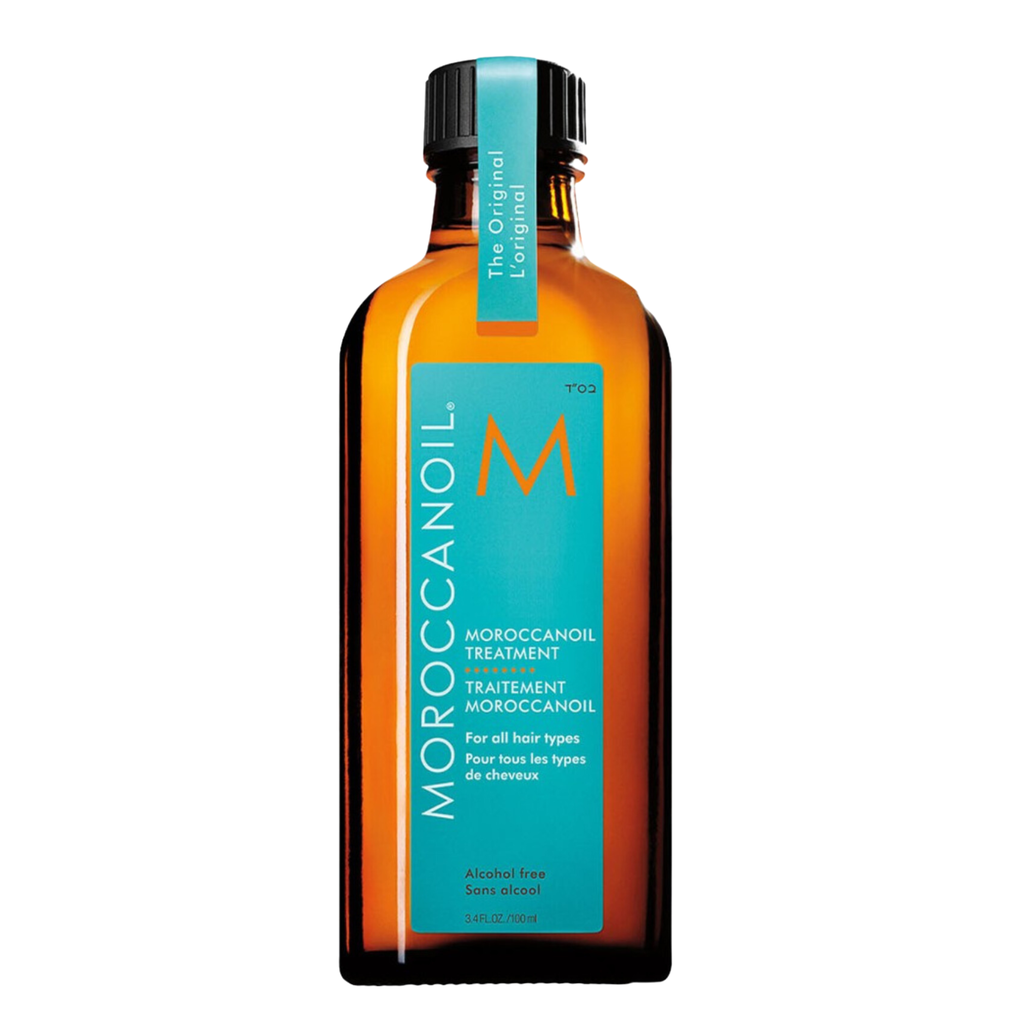 Flacon en verre ambré de 500 ml du Traitement Moroccanoil Original avec sa pompe doseuse et son étiquette bleu turquoise emblématique.