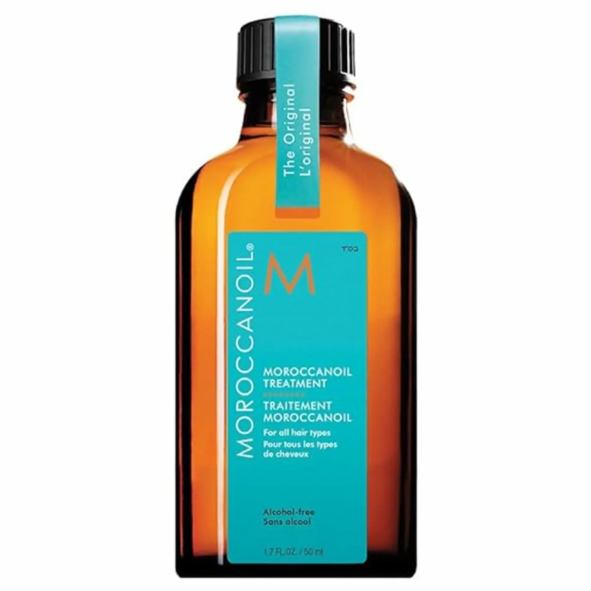 Flacon en verre ambré de 50 ml du Traitement Moroccanoil Original avec sa pompe doseuse et son étiquette bleu turquoise emblématique.