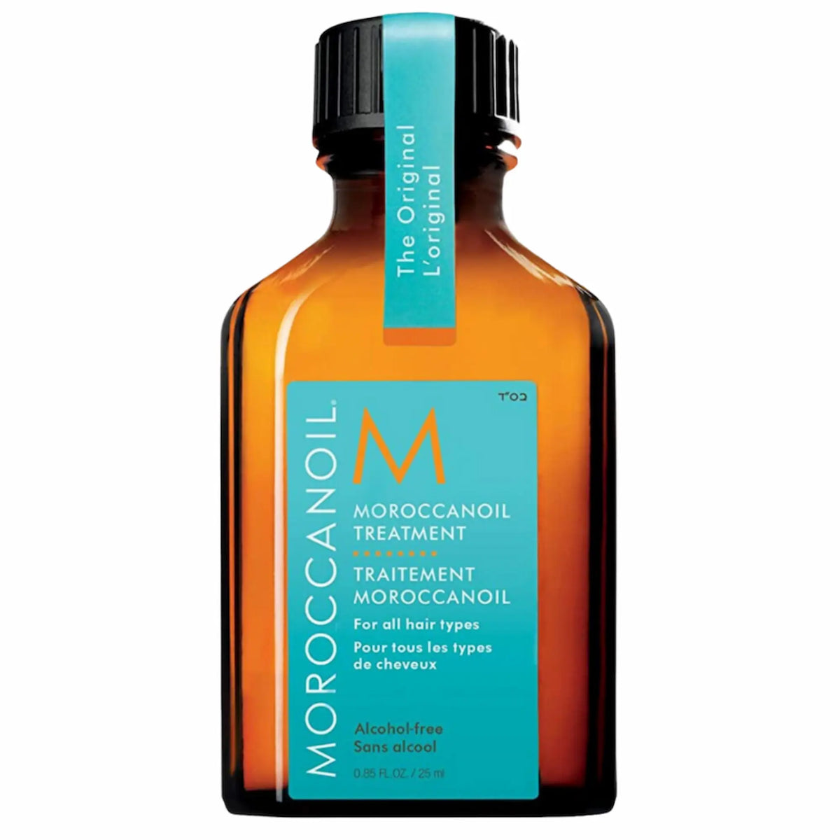 Flacon en verre ambré de 25 ml du Traitement Moroccanoil Original avec sa pompe doseuse et son étiquette bleu turquoise emblématique.