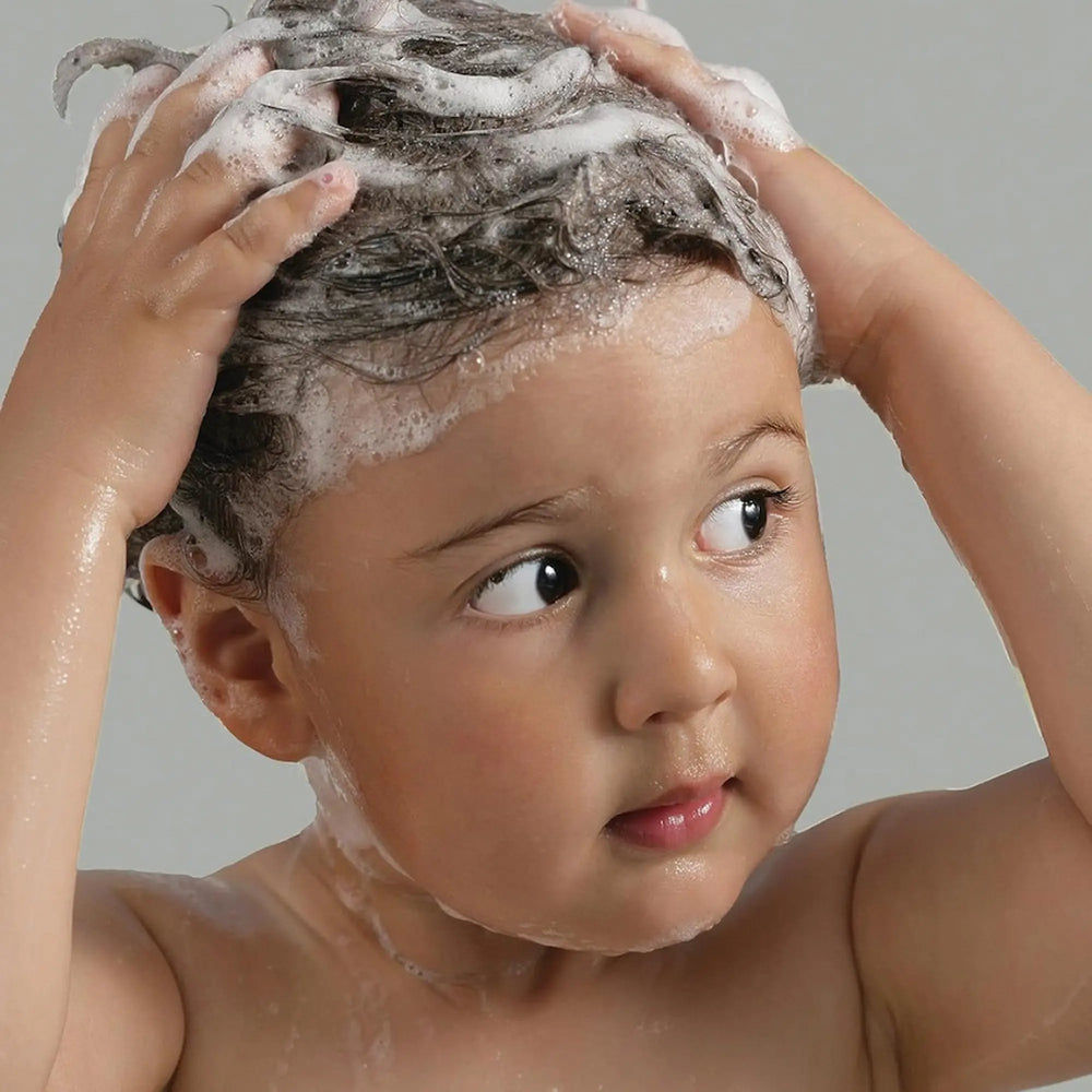 Bébé garçon qui se lave les cheveux en utilisant le shampooing Baby Don't Cry de Paul Mitchell

