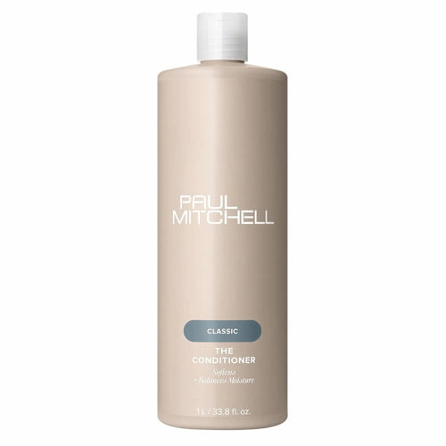 Bouteille beige de revitalisant Paul Mitchell The Conditioner : de la gamme Classic, pour adoucir et équilibrer l'hydratation.