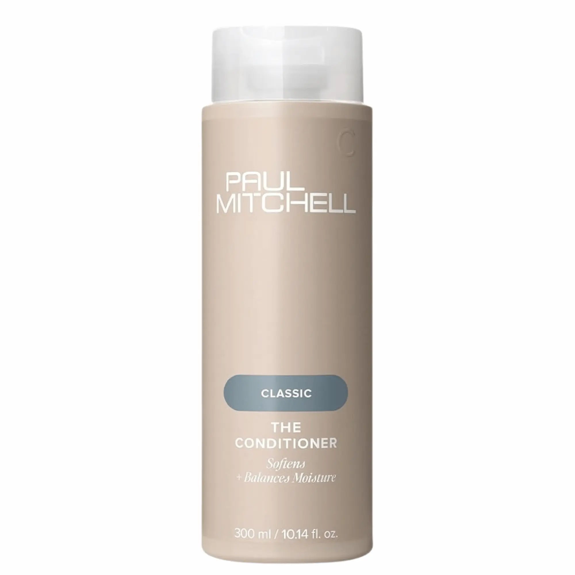 Bouteille beige de revitalisant Paul Mitchell The Conditioner 300ml : de la gamme Classic, pour adoucir et équilibrer l'hydratation.