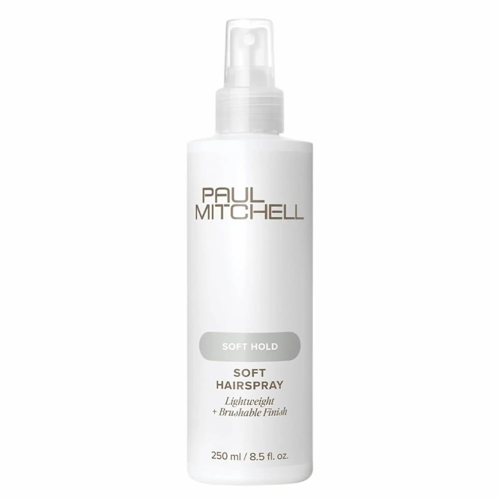 Bouteille de laque Paul Mitchell Soft Hold : bouteille blanche avec bouchon transparent, offrant une tenue souple et un fini léger et brossable."
