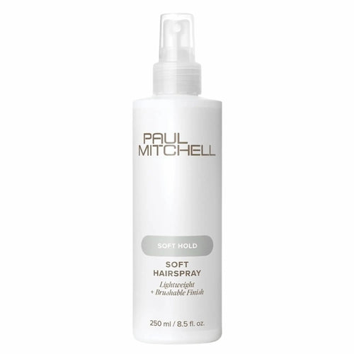 Bouteille de laque Paul Mitchell Soft Hold : bouteille blanche avec bouchon transparent, offrant une tenue souple et un fini léger et brossable."