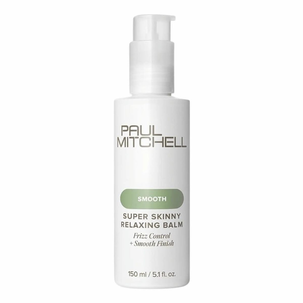 Flacon pompe de baume lissant Paul Mitchell Super Skinny Relaxing Balm : blanc avec étiquette verte, pour contrôler les frisottis, lisser les cheveux bouclés/texturés et protéger de la chaleur.