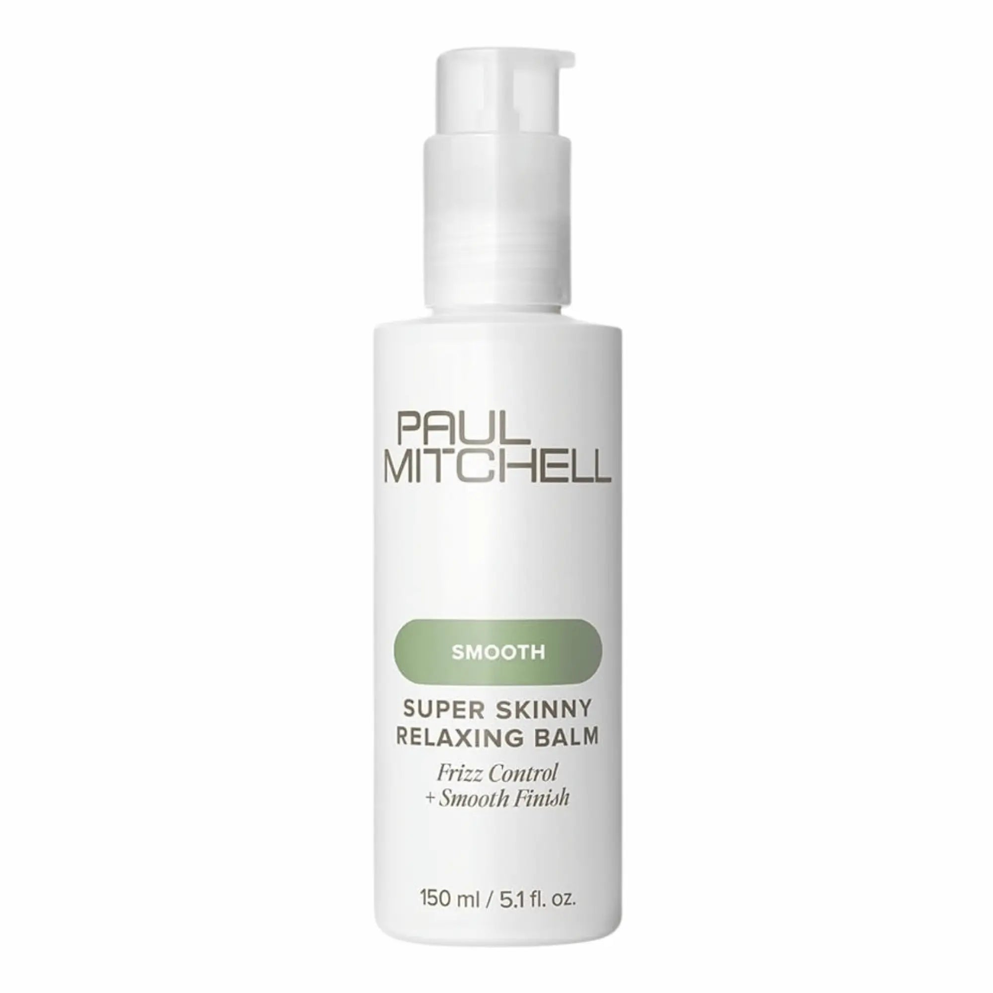 Flacon pompe de baume lissant Paul Mitchell Super Skinny Relaxing Balm : blanc avec étiquette verte, pour contrôler les frisottis, lisser les cheveux bouclés/texturés et protéger de la chaleur.
