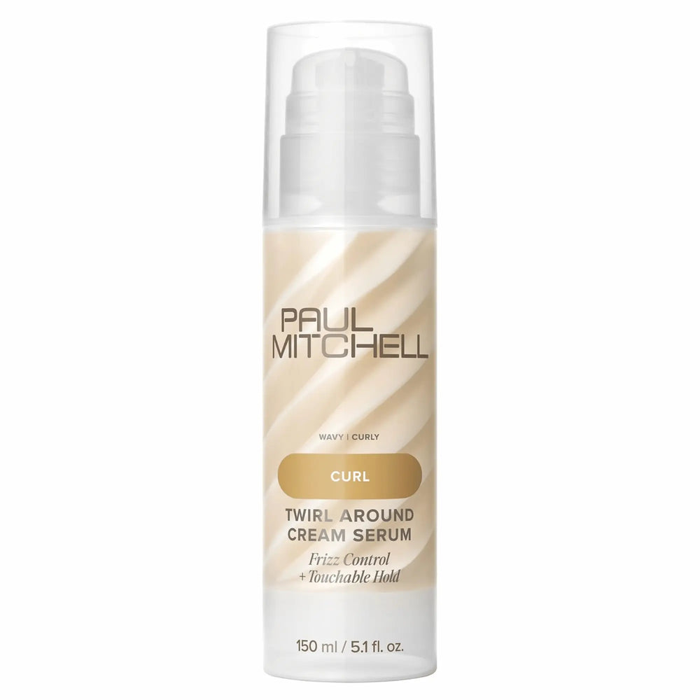 Flacon pompe de sérum crème Paul Mitchell Twirl Around 150ml : beige et blanc pour cheveux ondulés et bouclés, offrant un contrôle des frisottis et une tenue douce et modulable.