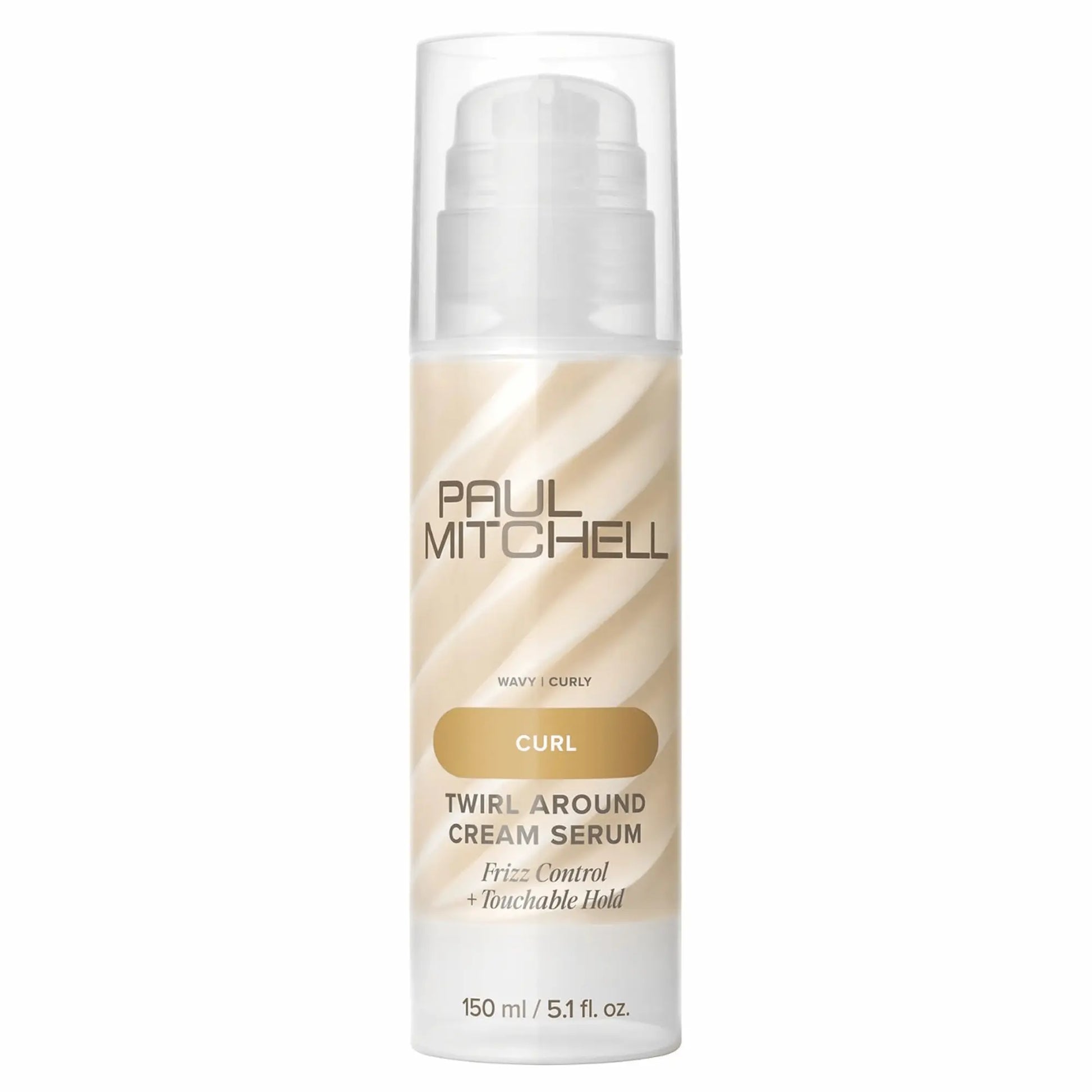 Flacon pompe de sérum crème Paul Mitchell Twirl Around 150ml : beige et blanc pour cheveux ondulés et bouclés, offrant un contrôle des frisottis et une tenue douce et modulable.