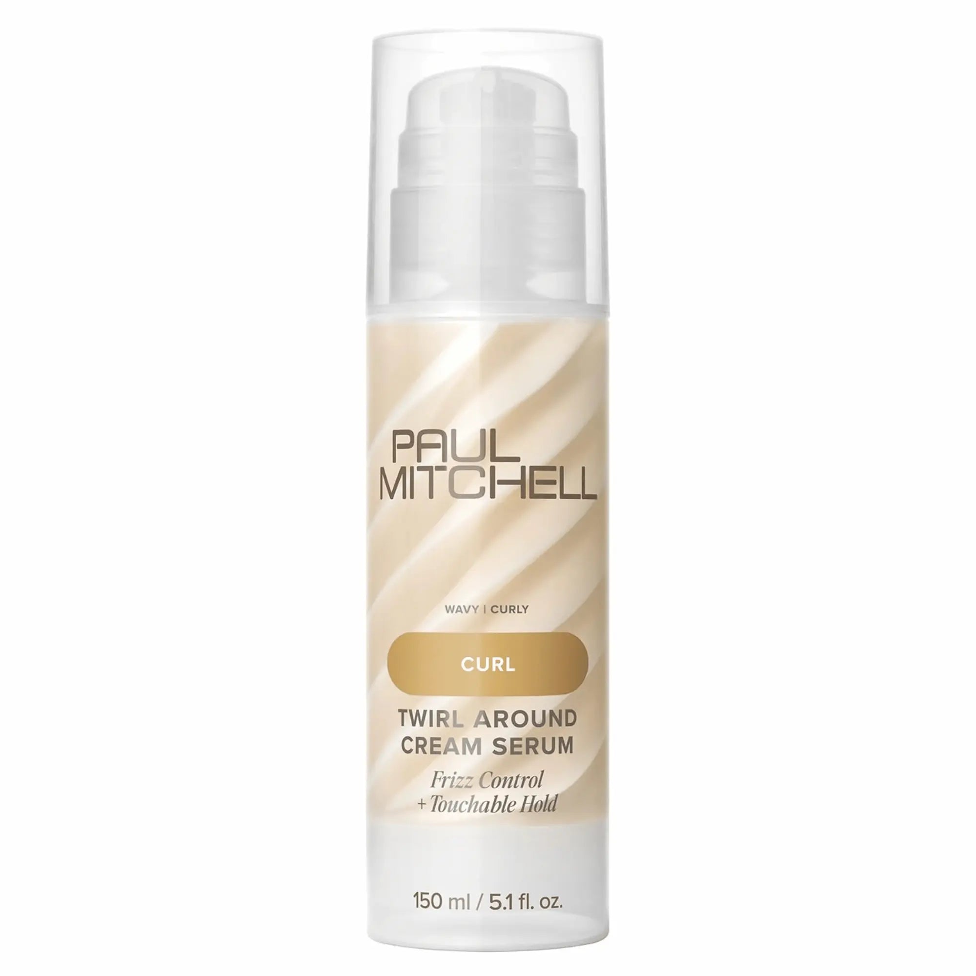 Flacon pompe de sérum crème Paul Mitchell Twirl Around 150ml : beige et blanc pour cheveux ondulés et bouclés, offrant un contrôle des frisottis et une tenue douce et modulable.