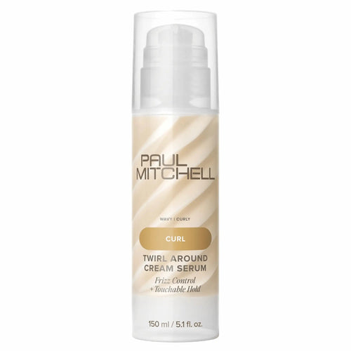 Flacon pompe de sérum crème Paul Mitchell Twirl Around 150ml : beige et blanc pour cheveux ondulés et bouclés, offrant un contrôle des frisottis et une tenue douce et modulable.