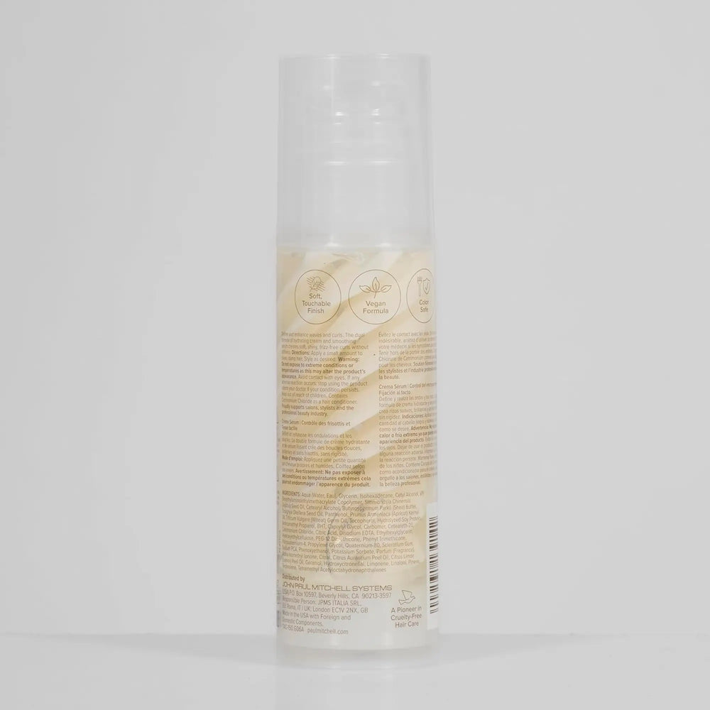 Ingrédients  Flacon pompe de sérum crème Paul Mitchell Twirl Around 150ml : beige et blanc pour cheveux ondulés et bouclés, offrant un contrôle des frisottis et une tenue douce et modulable.