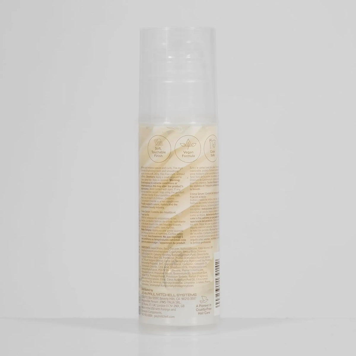 Ingrédients  Flacon pompe de sérum crème Paul Mitchell Twirl Around 150ml : beige et blanc pour cheveux ondulés et bouclés, offrant un contrôle des frisottis et une tenue douce et modulable.