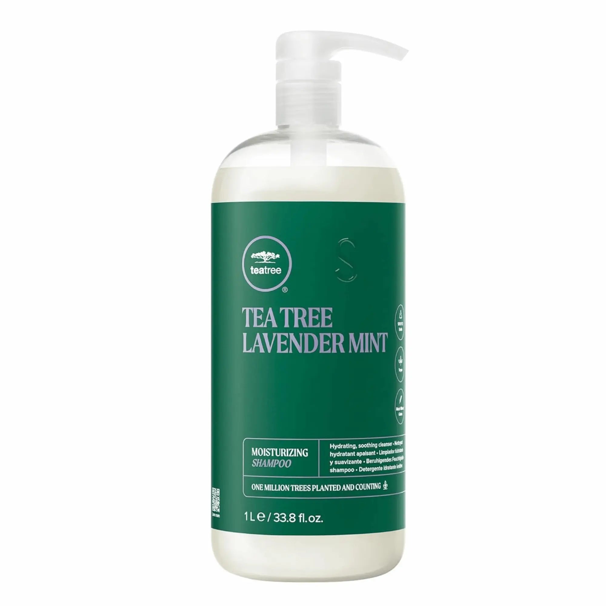 Bouteille transparente avec bouchon blanc de shampoing hydratant Paul Mitchell Tea Tree Lavender Mint  1L: étiquette verte, nettoie et apaise les cheveux secs et épais.