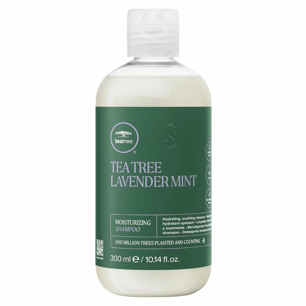 Bouteille transparente avec bouchon blanc de shampoing hydratant Paul Mitchell Tea Tree Lavender Mint 300ml : étiquette verte, nettoie et apaise les cheveux secs et épais."