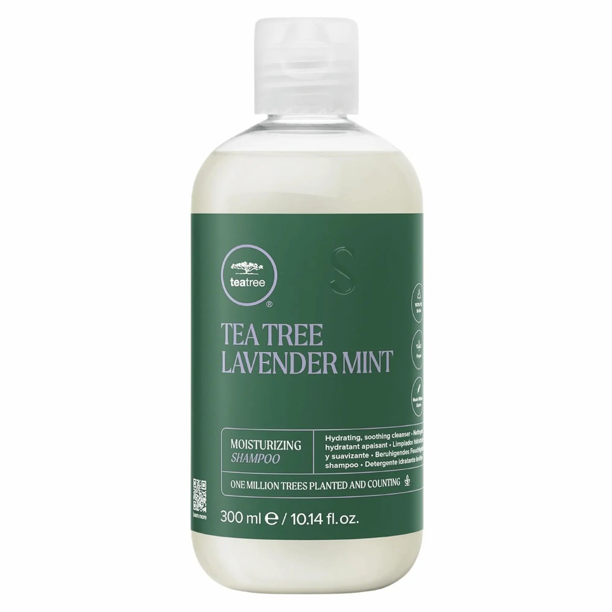 Bouteille transparente avec bouchon blanc de shampoing hydratant Paul Mitchell Tea Tree Lavender Mint 300ml : étiquette verte, nettoie et apaise les cheveux secs et épais."