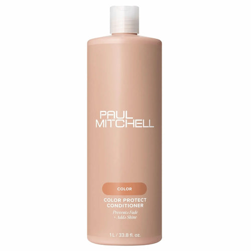 Bouteille de revitalisant Paul Mitchell Color Protect 1L: couleur beige-rosé avec bouchon blanc, pour protéger la couleur, démêler et ajouter de la brillance.