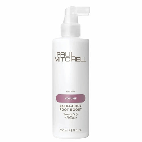 Bouteille blanche de Paul Mitchell Extra-Body Root Boost 250ml: spray volumisant pour cheveux fins, avec une tenue souple et un applicateur ciblé pour un lift en racines.