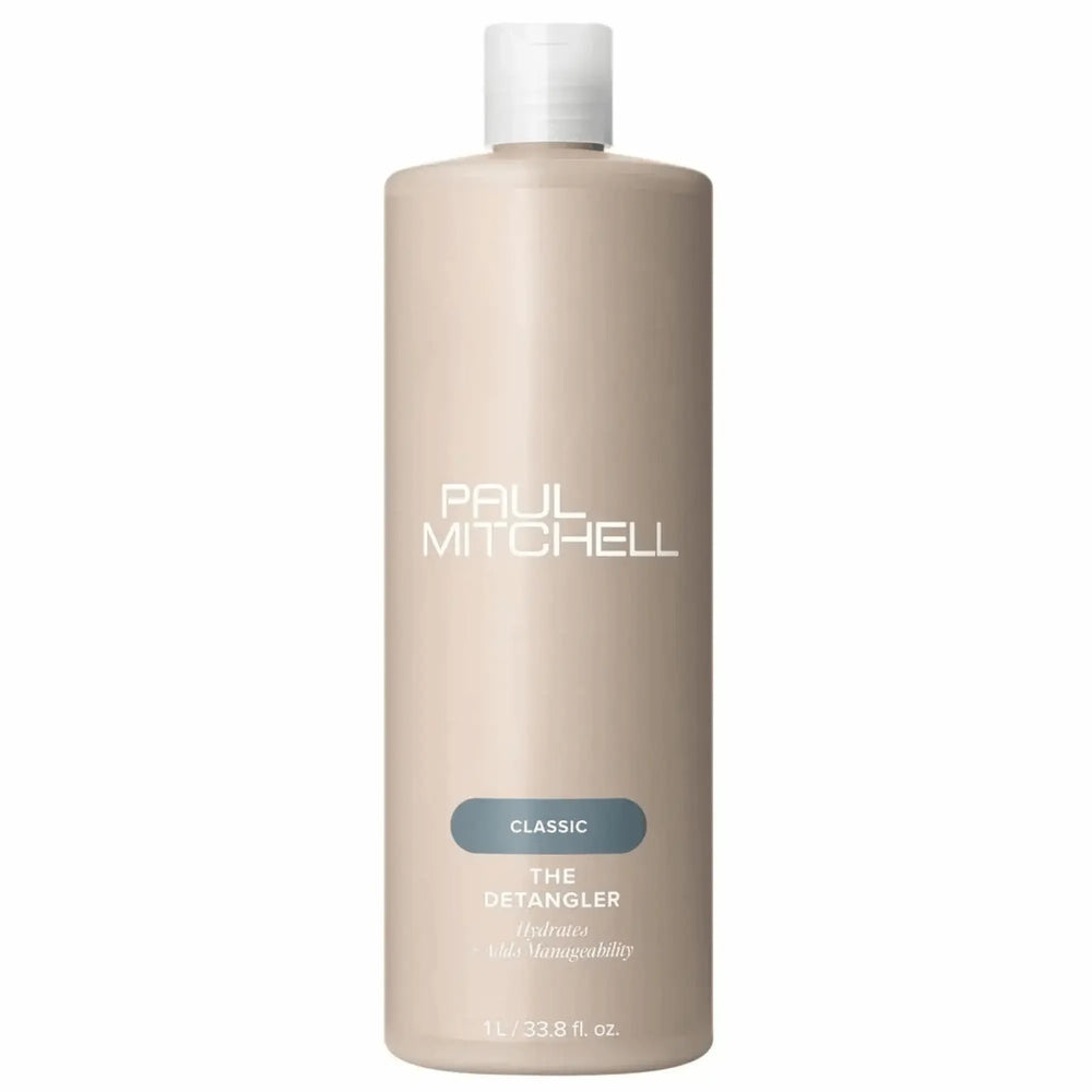 bouteille de revitalisant Paul Mitchell The Detangler 1L : couleur beige clair avec étiquette bleue, pour hydrater, démêler et faciliter la gestion des cheveux moyens à épais.