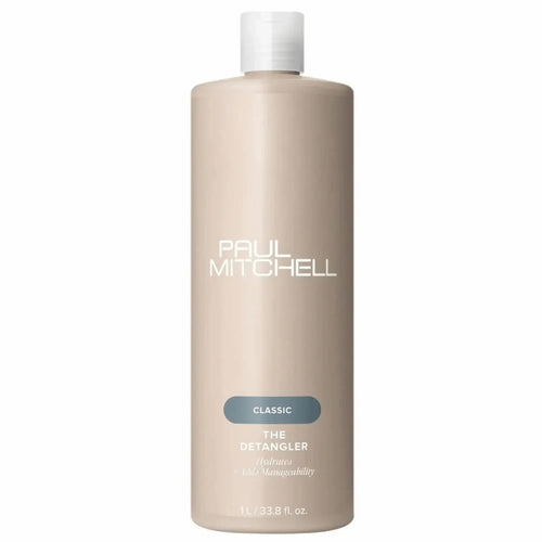 bouteille de revitalisant Paul Mitchell The Detangler 1L : couleur beige clair avec étiquette bleue, pour hydrater, démêler et faciliter la gestion des cheveux moyens à épais.