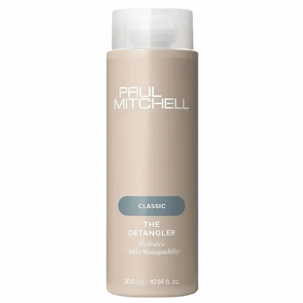 bouteille de revitalisant Paul Mitchell The Detangler 300ml : couleur beige clair avec étiquette bleue, pour hydrater, démêler et faciliter la gestion des cheveux moyens à épais.