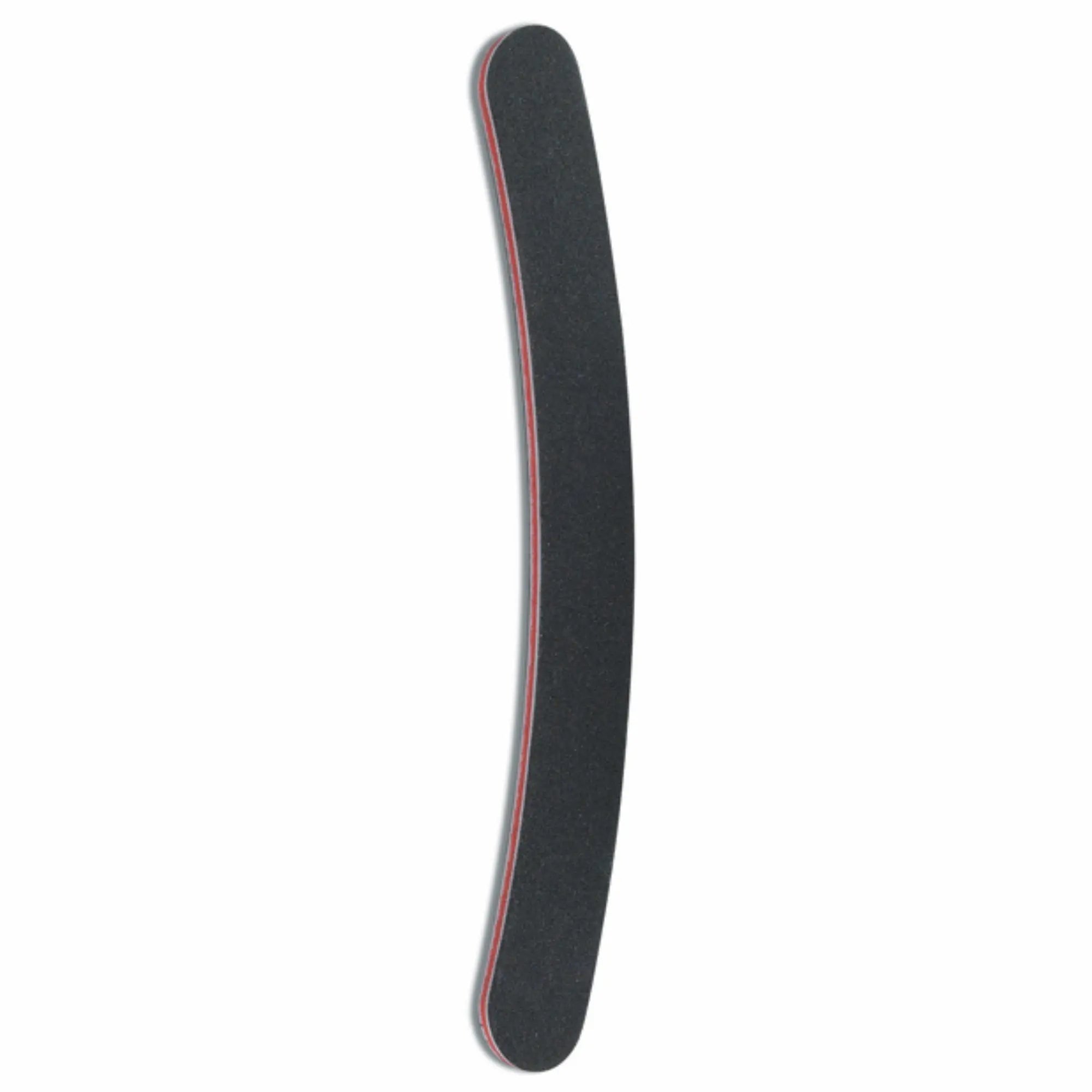 Lime à ongles incurvée de forme banane grise zébrée Silkline, grain 100/180 pour manucure professionnelle et sécuritaire sur fond blanc.