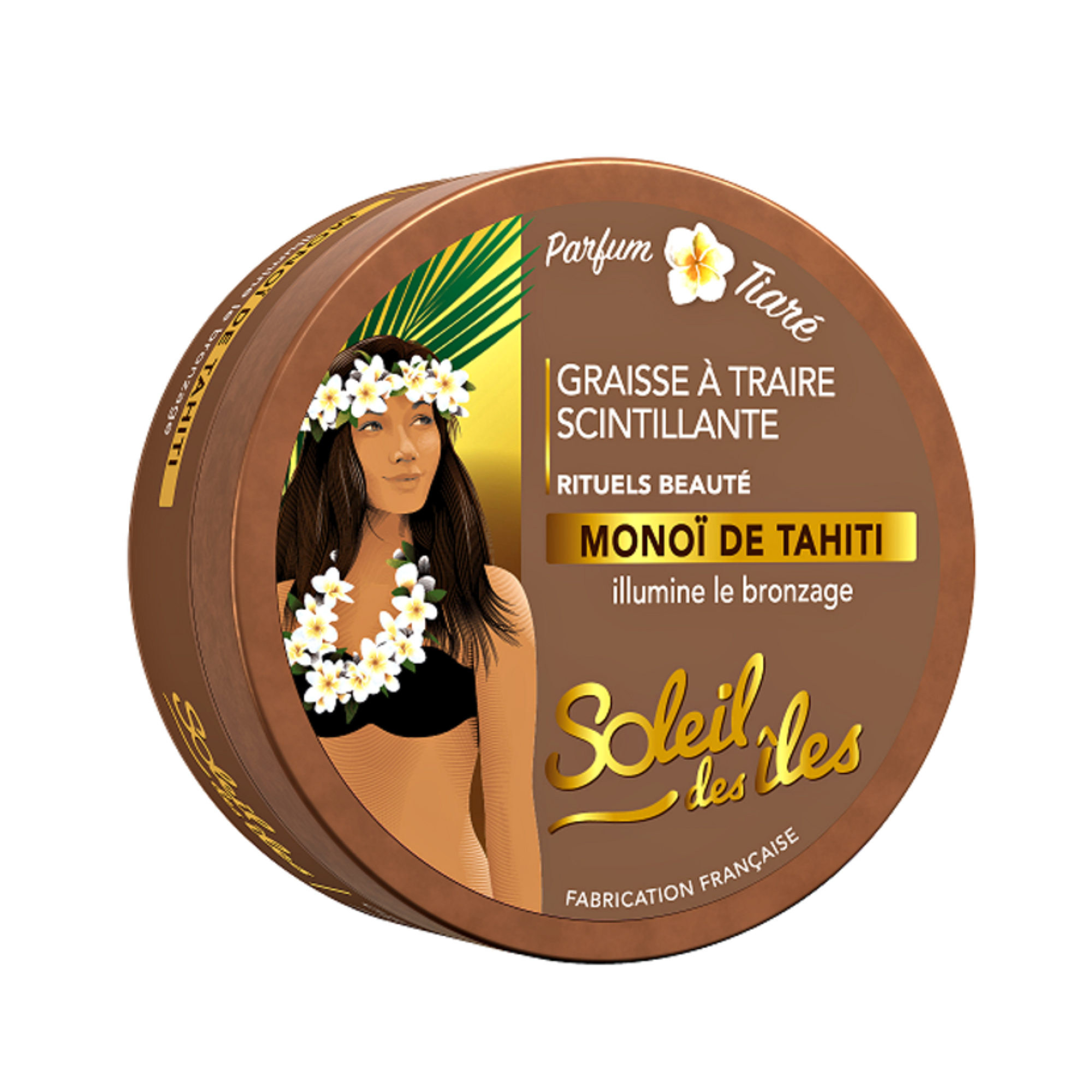 Pot de graisse à traire scintillante Ultra Bronzage au Monoï de Tahiti FPS 0 montrant la texture onctueuse et les reflets nacrés pour un bronzage intense.