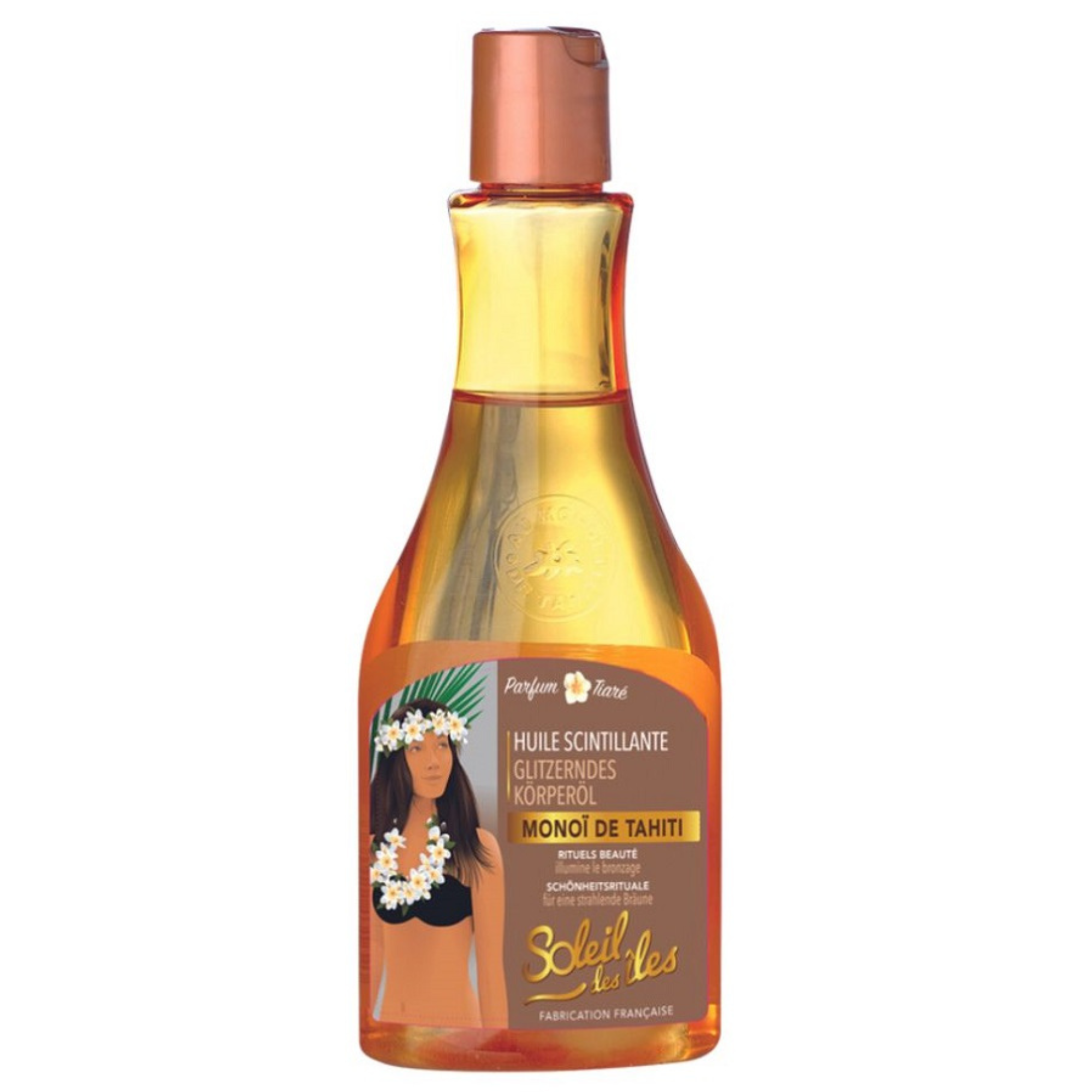 Bouteille d'huile scintillante au Monoï de Tahiti Soleil des Iles 150ml révélant une texture ambrée infusée de nacres dorées pour sublimer le bronzage.