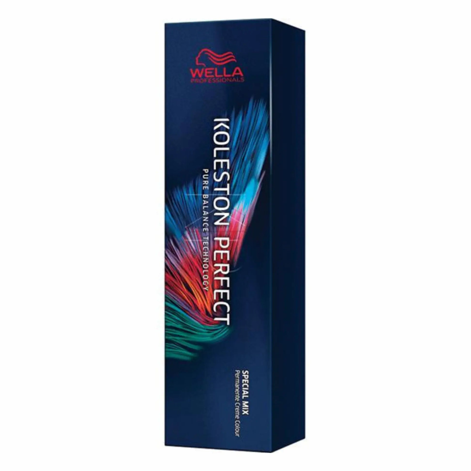 Boîte bleu foncé et tube argenté de 60 ml de Wella Koleston Perfect Special Mix. L'emballage indique "Pure Balance Technology" et "Permanente Creme Colour" en plusieurs langues.