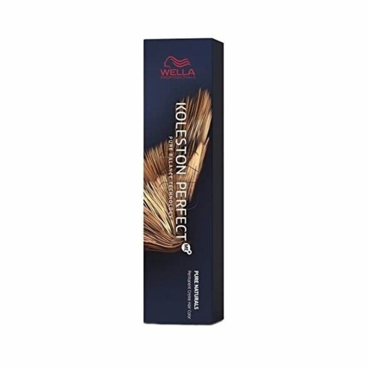 Boîte bleu foncé et tube argenté de 60 ml de Wella Koleston Pure Naturals. L'emballage indique "Pure Balance Technology" et "Permanente Creme Colour" en plusieurs langues.