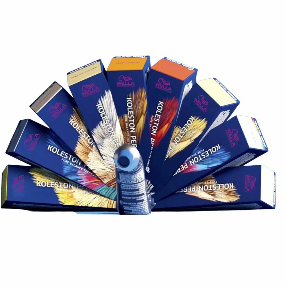 Boîte bleu foncé et tube argenté de 60 ml de Wella Koleston Perfect Special Mix. L'emballage indique "Pure Balance Technology" et "Permanente Creme Colour" en plusieurs langues.