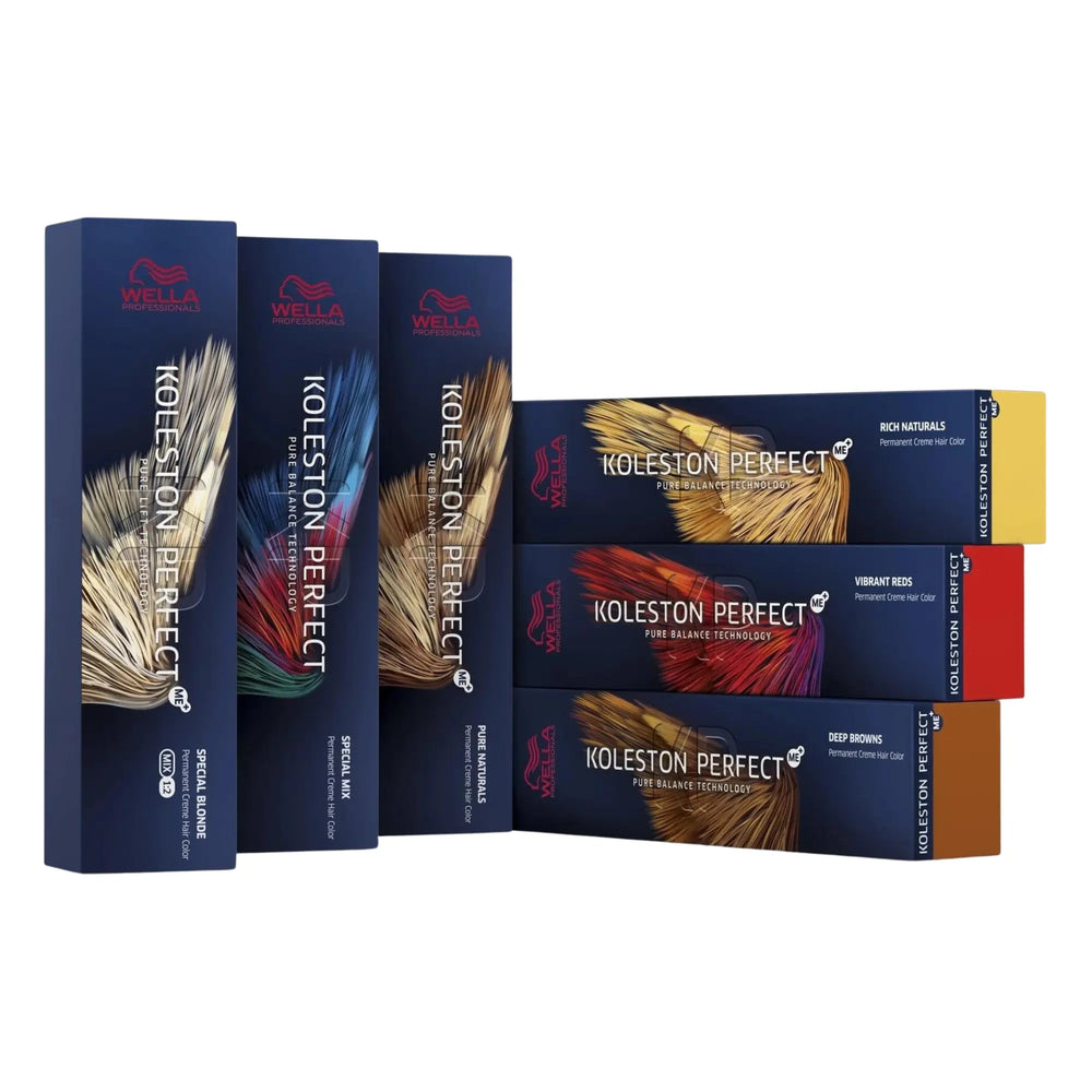 Boîte bleu foncé et tube argenté de 60 ml de Wella Koleston Perfect Special Mix. L'emballage indique "Pure Balance Technology" et "Permanente Creme Colour" en plusieurs langues.