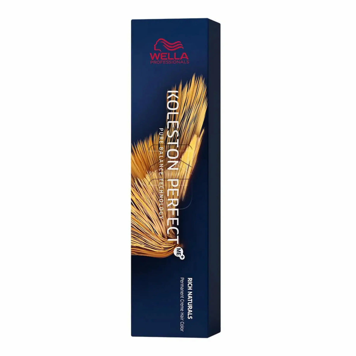 Boîte bleu foncé et tube argenté de 60 ml de Wella Koleston Perfect Rich Naturals. L'emballage indique "Pure Balance Technology" et "Permanente Creme Colour" en plusieurs langues.