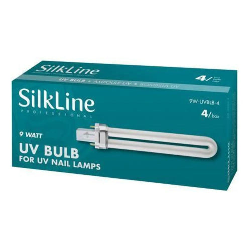 Boîte de 4 ampoules UV de 9 watts Silkline Professional pour lampes de manucure, tube de rechange blanc sur fond bleu et blanc.